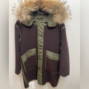 P.A.R.O.S.H. 100% Wool Real Fur Olive Green Brown Reversible Long Coat Jacket